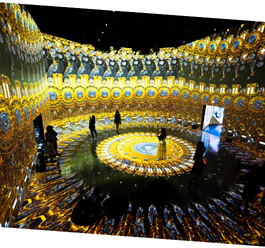 ARTECHOUSE main room, showcasing gold shields from Ase Afrofrequencies 