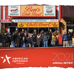 AEF Annual Review cover - Cover image is students in front of Ben's Chili Bowl 